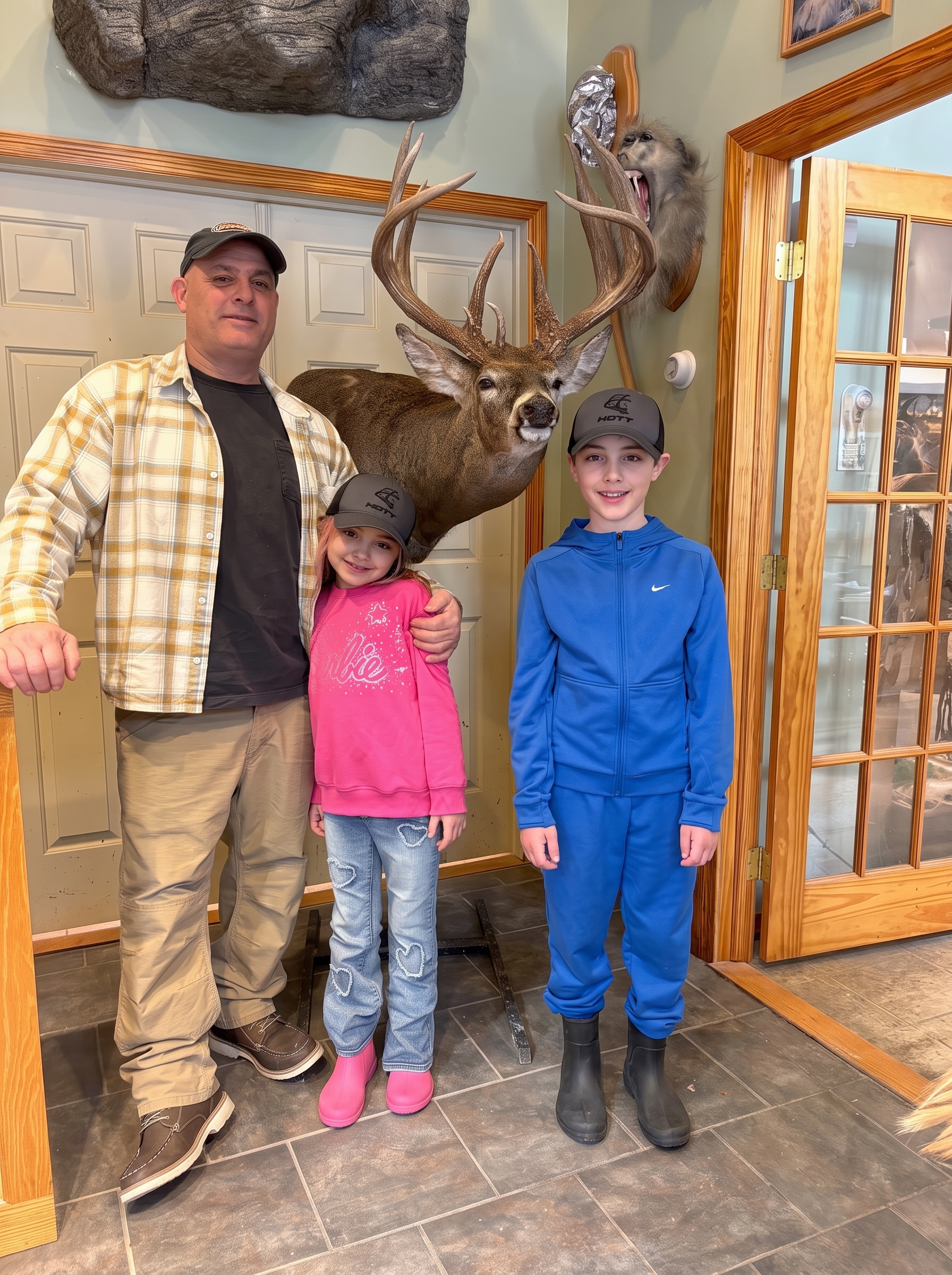 Family standing with the mounted Election Day Buck