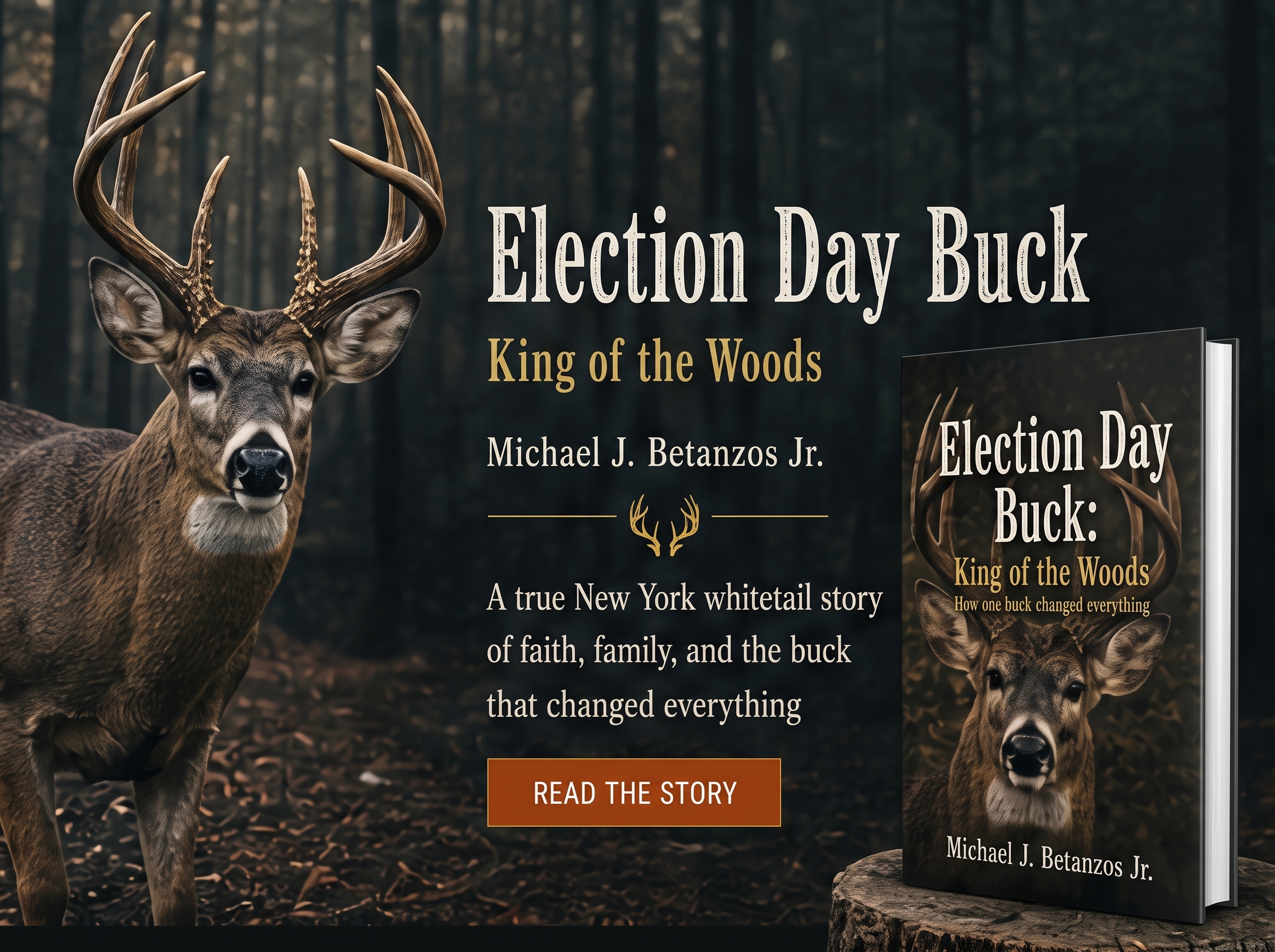 Election Day Buck: King of the Woods promotional book cover with buck, forest, and read the story call to action